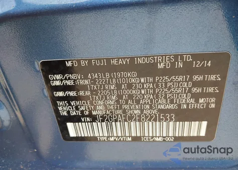 2015 Subaru Xv Crosstrek 2.0I Premium z USA, uszkodzony, nr VIN JF2GPAFC2F8221533